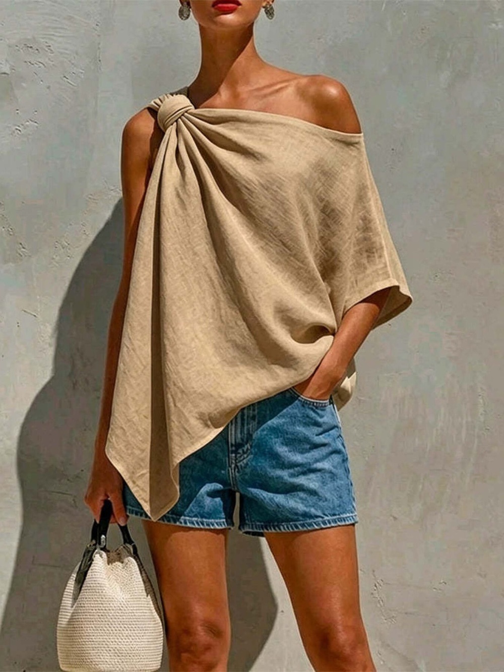 Full Size One-Shoulder Knot Detail Blouse Plus Size